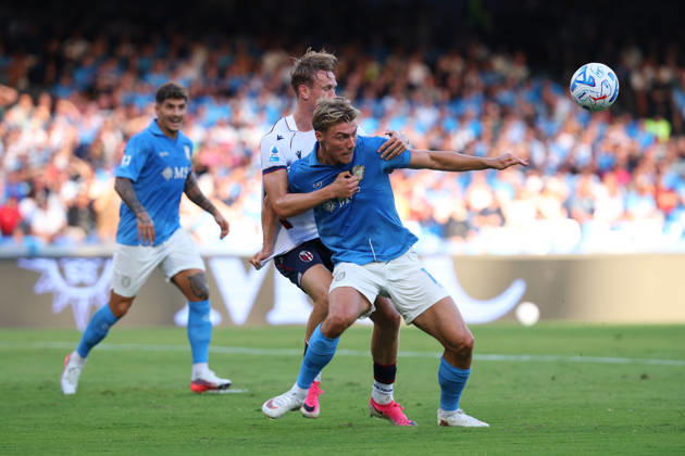 Napoli™s Rasmus Hojlund fights for the ball with Bologna s Torbjorn Heggem during the Serie A soccer match between Napoli and Bologna at the Diego Armando Maradona Stadium in Naples, southern italy - Sunday , September 13, 2026. - Soccer . Copyright: xAlessandroxGarofalo LaPressex