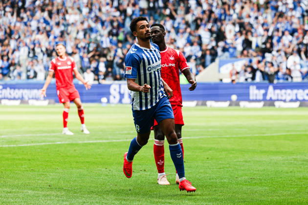 Torjubel - Torschütze Emmanuel Iyoha (1. FC Magdeburg,8) trifft zum 3-0 - 2. Fußball Bundesliga Saison 2026-2027 1. FC Magdeburg vs 1. FC Kaiserslautern in der Avnet Arena in Magdeburg - Aktion,Fußball,Mann,Männer,Deutschland,12.09.2026