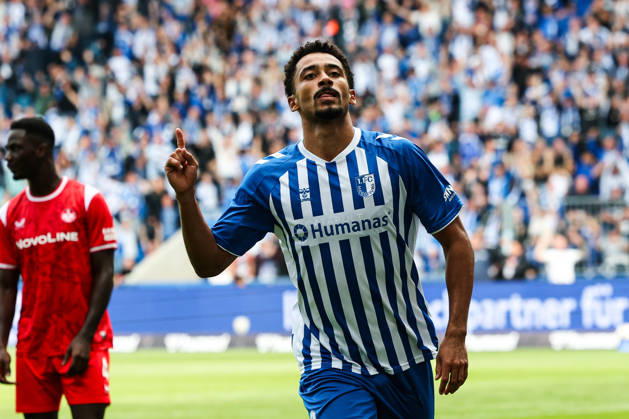Torjubel - Torschütze Emmanuel Iyoha (1. FC Magdeburg,8) trifft zum 3-0 - 2. Fußball Bundesliga Saison 2026-2027 1. FC Magdeburg vs 1. FC Kaiserslautern in der Avnet Arena in Magdeburg - Aktion,Fußball,Mann,Männer,Deutschland,12.09.2026