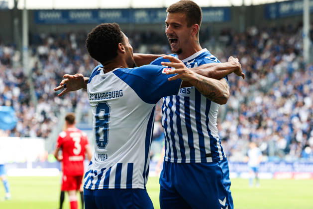 Torjubel - Torschütze Emmanuel Iyoha (1. FC Magdeburg,8) trifft zum 3-0 mit Mateusz Zukowski (1. FC Magdeburg,22) - 2. Fußball Bundesliga Saison 2026-2027 1. FC Magdeburg vs 1. FC Kaiserslautern in der Avnet Arena in Magdeburg - Aktion,Fußball,Mann,Männer,Deutschland,12.09.2026