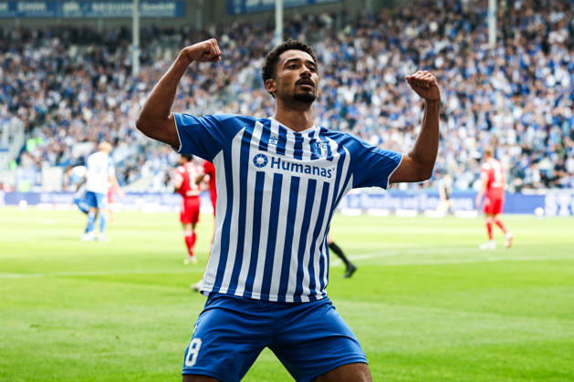 Torjubel - Torschütze Emmanuel Iyoha (1. FC Magdeburg,8) trifft zum 3-0 - 2. Fußball Bundesliga Saison 2026-2027 1. FC Magdeburg vs 1. FC Kaiserslautern in der Avnet Arena in Magdeburg - Aktion,Fußball,Mann,Männer,Deutschland,12.09.2026