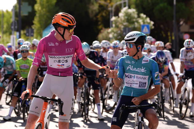 France s Dorian Godon of Netcompany Ineos cyclamen jersey and Italy s Alessandro Fancellu of MBH Bank CSB Telecom Fort biancoverdeblu jersey during the Giro d™Abruzzo, stage 4 from Silvi to Controguerra (182 km) - Abruzzo, Italy - Friday, September 18, 2026. - cycling. Copyright: xMassimoxPaolone LaPressex