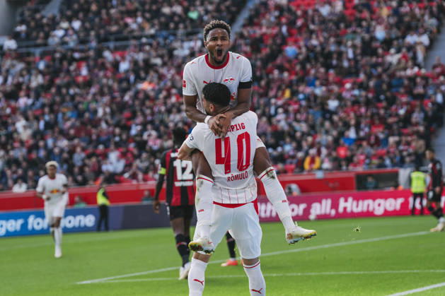 20.09.2026, xjmrgnx, Fussball 1.Bundesliga, Bayer 04 Leverkusen - RB Leipzig v.l. Christopher Nkunku (28, Leipzig) bejubelt seinen aberkannten Treffer zum 1:0 mit Romulo (40, Leipzig) (DFL DFB REGULATIONS PROHIBIT ANY USE OF PHOTOGRAPHS as IMAGE SEQUENCES and or QUASI-VIDEO) Leverkusen