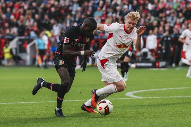 20.09.2026, xjmrgnx, Fussball 1.Bundesliga, Bayer 04 Leverkusen - RB Leipzig v.l. Zweikampf zwischen Moussa Diaby (19, Leverkusen) und Nicolas Seiwald (13, Leipzig) (DFL DFB REGULATIONS PROHIBIT ANY USE OF PHOTOGRAPHS as IMAGE SEQUENCES and or QUASI-VIDEO) Leverkusen