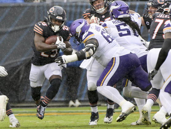 Chicago Bears running back Kyle Monangai (25) runs up the middle against the Minnesota Vikings during a game at Soldier Field in Chicago on Sunday, September 20, 2026. Vikings defeated the Bear 9-6. CHI20260920117 MARKxBLACK