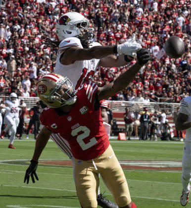 Arizona Cardinals wide receiver Marvin Harrison Jr. (18) commits offensive pass interference against San Francisco 49ers cornerback Deommodore Lenoir (2) in the first quarter at Levi s Stadium in Santa Clara, California on Sunday, September 27, 2026.  SXP2026092702 TerryxSchmitt