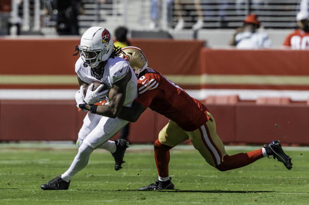 NFL, American Football Herren, USA 2026: Cardinals Vs 49ers SEP 27 Sep 4, 2026; Santa Clara, CA, USA; Arizona Cardinals wide receiver Marvin Harrison Jr. (18)tries to break away from San Francisco 49ers cornerback Renardo Green (0)during the NFL NFC West game between the Arizona Cardinals and the San Francisco 49ers at Levi s Stadium. Mandatory Credit: Thurman James Cal Media (Credit Image: Â Thurman James Cal Sport Media) Santa Clara Ca USA EDITORIAL USE ONLY Copyright: xx ZUMA-20260927_zma_c04_165.jpg ThurmanxJamesx csmphotothree527879
