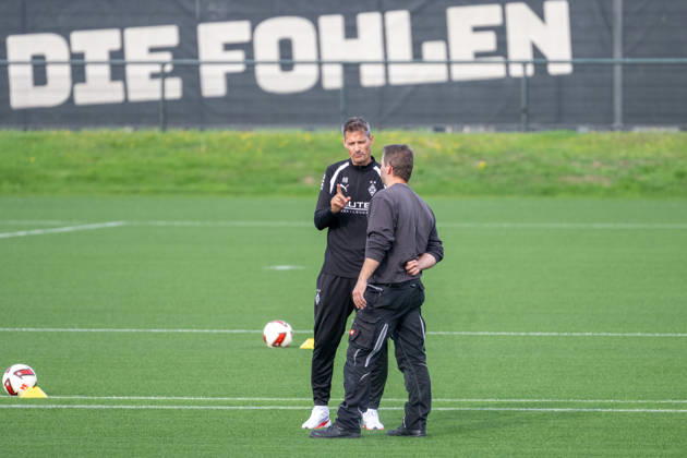 Alexander Blessin (Borussia Moenchengladbach, Trainer) im Gespraech mit einem Greenkeeper vor dem Training. Oeffentliches Training Borussia Moenchengladbach, Fussball, Bundesliga, Saison 2026 2027, 29.09.2026 oeffentliches Training Borussia Moenchengladbach, Fussball, Bundesliga, Saison 2026 2027, 29.09.2026 Moenchengladbach Copyright: xEibner-Pressefoto ThomasxHaeslerx EP_THR