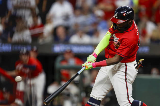 Atlanta Braves center fielder Michael Harris II (23) hits a home run in the second inning against the Philadelphia Phillies in Game 3 of the National League Wildcard Series at Truist Park on Thursday, October 1, 2026 in Atlanta, Georgia. ATL20261001101 MikexZarrilli
