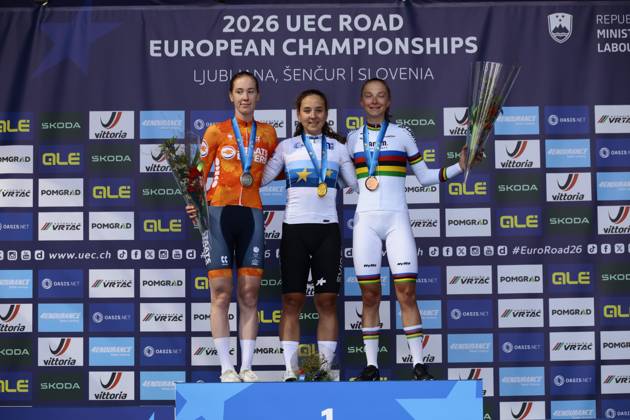 UEC 2026 Road European Championships Ljubljana 02 10 2026 SENCUR, SLOVENIA - OCTOBER 02 : Vinke Nienke (NED), Winter Mara (SUI) and Chladonova Viktoria (SVK) pictured during the podium ceremony of the Women U23 cycling road race at the 2026 UEC Road European Championships. An UCI Continental Championships cycling race of 88,4 km with start and finsih in Sencur on October 2, 2026 in Sencur, Slovenia, 02 10 2026 Sencur Slovenia Copyright: xLucaxBettinix