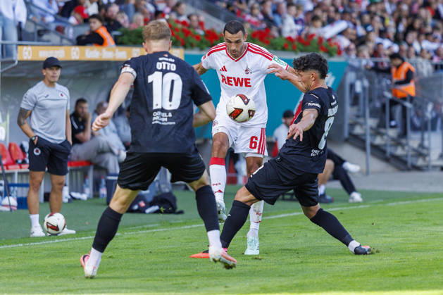 KOELN, GERMANY - OCTOBER 3, 2026: Ellyes Skhiri (1. FC Köln, 6), David Otto (FC Viktoria Köln, 10) and Taylan Duman (FC Viktoria Köln, 8) during the friendly match between FC Viktoria Köln vs. 1. FC Köln at the Sportpark Hoehenberg on October 3, 2026 in Koeln, Germany. DFL REGULATIONS PROHIBIT ANY USE OF PHOTOGRAPHS AS IMAGE SEQUENCES AND OR QUASI-VIDEO. Nordrhein-Westfalen Germany Copyright: xLeahxKohringx