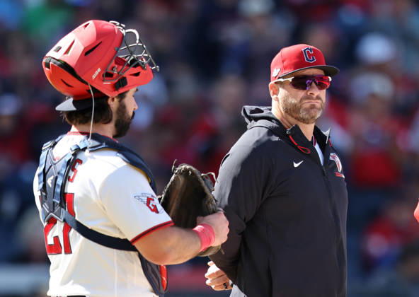 Cleveland Guardians manager Stephen Vogt stands on the mound for a pitcher change 5th inning against the Chicago White Sox in game one of the ALDS at Progressive Field in Cleveland, Ohio on Saturday, October 3, 2026. CLE202610032020 AARONxJOSEFCZYK