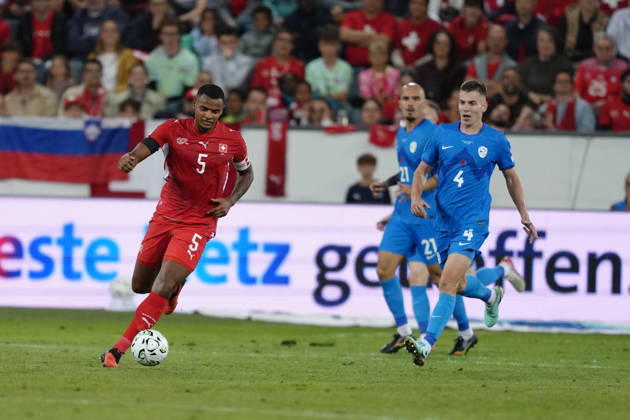 Luzern, Switzerland - October 03: Manuel Akanji (5 SUI) against Mark Zabukovnik (4 SLO) during the UEFA Nations League match between Switzerland and Slovenia at thermoplan arena on October 03, 2026 in Luzern, Switzerland. Copyright: xKjetilxWaberx xSPPx Sportspressphoto_SPR244748