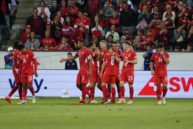 Luzern, Switzerland - October 03: Dan Ndoye (11 SUI) celebrates his goal with the Team during the UEFA Nations League match between Switzerland and Slovenia at thermoplan arena on October 03, 2026 in Luzern, Switzerland. Copyright: xKjetilxWaberx xSPPx Sportspressphoto_SPR244749