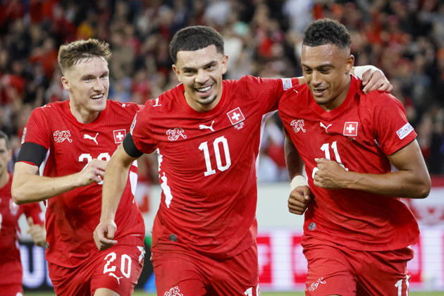 Torjubel Schweiz beim 2:1 durch Dan Ndoye (Schweiz, 11), Freude, Begeisterung, positive Emotionen, Torerfolg , Schweiz, UEFA , Nations League, Matchday 3, Schweiz vs. Slowenien, 03.10.2026, Luzern Swissporarena Schweiz Copyright: xGrantxHubbsx