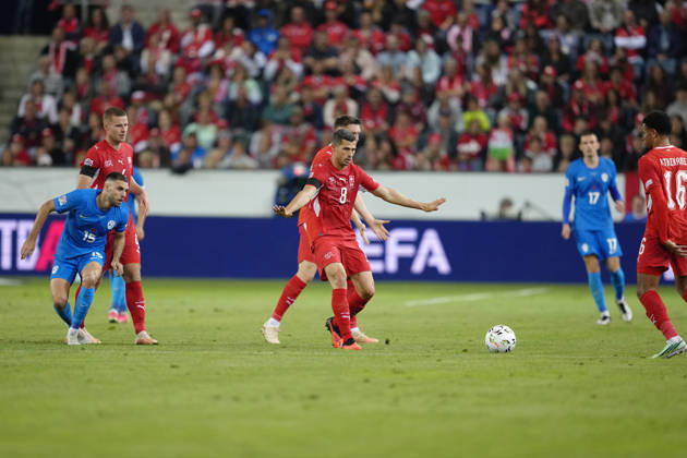 Luzern, Switzerland - October 03: Remo Freuler (8 SUI) with a gesture to Zachary Athekame (16 SUI) during the UEFA Nations League match between Switzerland and Slovenia at thermoplan arena on October 03, 2026 in Luzern, Switzerland. Copyright: xKjetilxWaberx xSPPx Sportspressphoto_SPR244763