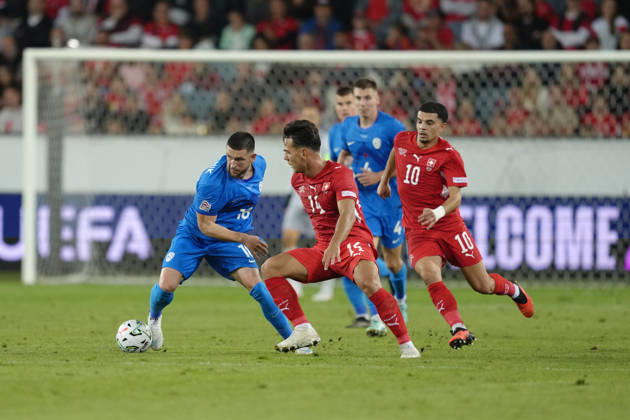 Luzern, Switzerland - October 03: Mohamed Zeki Amdouni (10 SUI) and Mohameth Djibril Ibrahima Sow (15 SUI) against Zan Vipotnik (18 SLO) during the UEFA Nations League match between Switzerland and Slovenia at thermoplan arena on October 03, 2026 in Luzern, Switzerland. Copyright: xKjetilxWaberx xSPPx Sportspressphoto_SPR244765