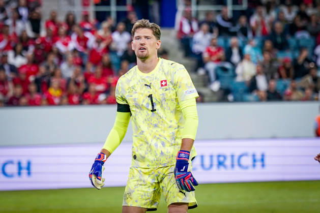 Fussball UEFA Nations League 2026 - 2027, 3. Spieltag - Schweiz vs Slowenien - Thermoplan Arena (Luzern): Gregor Kobel (Schweiz, 1) Mimik, Gesichtsausdruck, Emotion Copyright: xJOERANxSTEINSIEKx