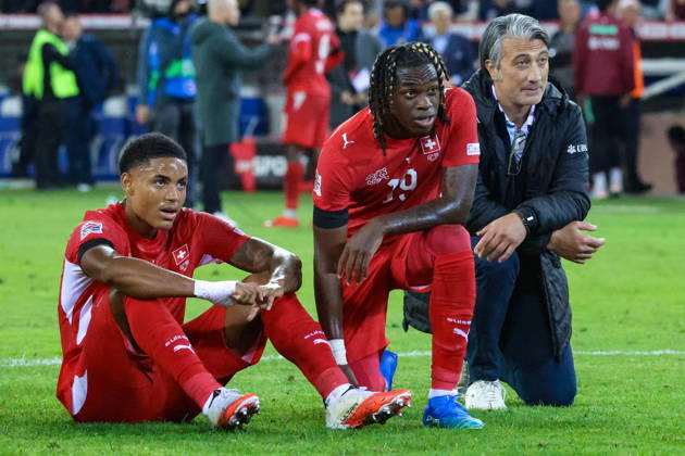 LUCERNE, SWITZERLAND - OCTOBER 03: Murat Yakin (Head Coach Switzerland), Johan Manzambi (9 Switzerland) and Sascha Britschgi (2 Switzerland) after the UEFA Nations League match between Switzerland and Slovenia at thermoplan arena on October 3, 2026 in Lucerne, Switzerland. Copyright: xUrsxOttigerx xSPPx Sportspressphoto_SPR245074