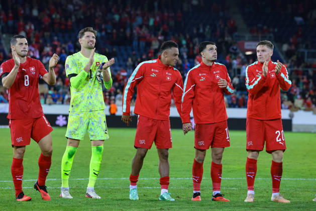 LUCERNE, SWITZERLAND - OCTOBER 03: Remo Freuler (8 Switzerland), Gregor Kobel (1 Switzerland), Dan Ndoye (11 Switzerland), Zeki Amdouni (10 Switzerland) and Michel Aebischer (20 Switzerland) after the UEFA Nations League match between Switzerland and Slovenia at thermoplan arena on October 3, 2026 in Lucerne, Switzerland. Copyright: xUrsxOttigerx xSPPx Sportspressphoto_SPR245085