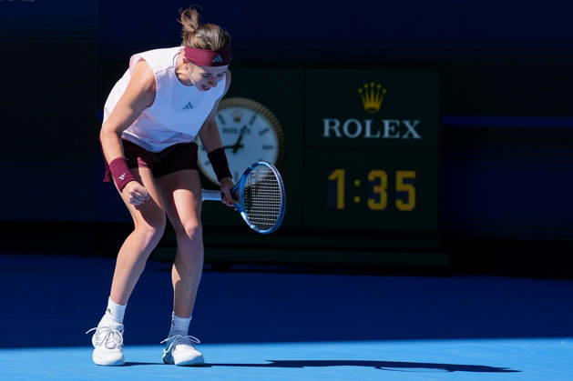 (261004) -- BEIJING, Oct. 4, 2026 -- Nikola Bartunkova celebrates after winnning the women s singles round of 32 match between Aryna Sabalenka of Belarus and Nikola Bartunkova of the Czech Republic at 2026 China Open tennis tournament in Beijing, China, Oct. 4, 2026. ) (SP)CHINA-BEIJING-TENNIS-CHINA OPEN-WOMEN S SINGLES(CN) JuxHuanzong