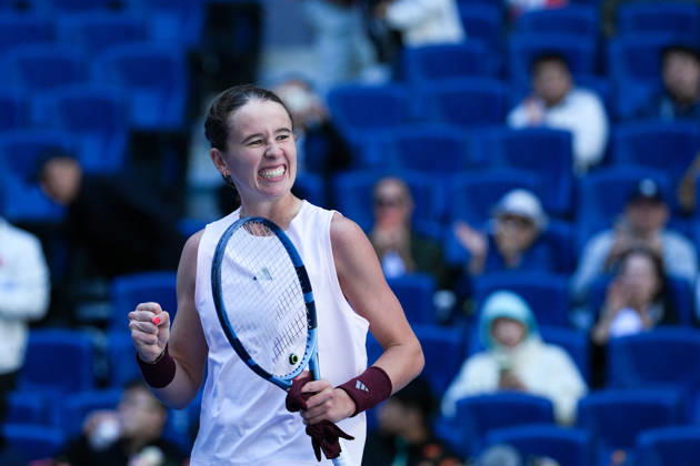 (261004) -- BEIJING, Oct. 4, 2026 -- Nikola Bartunkova celebrates after winning the women s singles third round match between Aryna Sabalenka of Belarus and Nikola Bartunkova of the Czech Republic at 2026 China Open tennis tournament in Beijing, China, Oct. 4, 2026. ) (SP)CHINA-BEIJING-TENNIS-CHINA OPEN-WOMEN S SINGLES(CN) JuxHuanzong