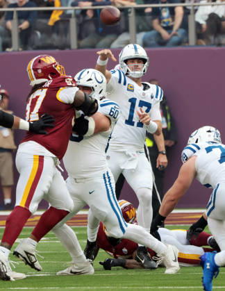 Indianapolis Colts Quarter Back Daniel Jones throws the football in their match against the Washington Commanders at Tottenham stadium in London on Sunday October 04, 2026. Colts beat the Commanders 30-13. LON2026100403 HUGOxPHILPOTT
