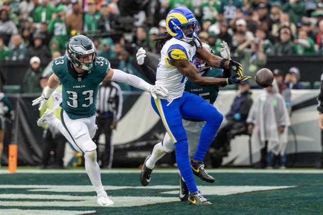 Philadelphia Eagles cornerback Cooper DeJean (33) and cornerback Michael Carter II (35) break up a pass in the end zone intended for Los Angeles Rams wide receiver Davante Adams (17) in the first quarter at Lincoln Financial Field in Philadelphia, Pennsylvania on Sunday, October 4, 2026. PHI20261004003 LAURENCExKESTERSON
