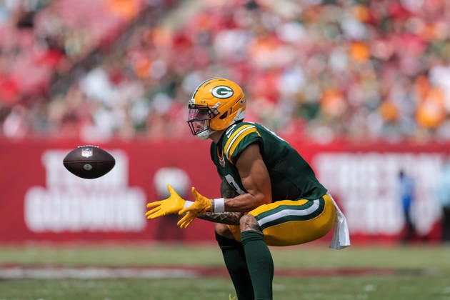 Oct 4, 2026; Tampa, FL, USA; Green Bay Packers wide receiver Christian Watson (9) attempting to catch a pass during the NFL, American Football Herren, USA game between the Green Bay Packers and Tampa Bay Buccaneers at Raymond James Stadium. Mandatory Credit: Taylor McFee-Cal Media NFL 2026: Packers Vs Buccaneers OCT 04 - ZUMAc04_ 20261004_zma_c04_070 Copyright: xTaylorxMcfeex