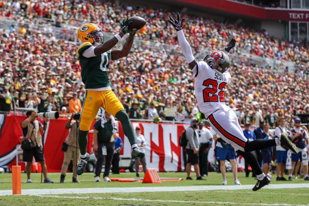 Oct 4, 2026; Tampa, FL, USA; Green Bay Packers wide receiver Matthew Golden (0) catches a touchdown pass during the NFL, American Football Herren, USA game between the Green Bay Packers and Tampa Bay Buccaneers at Raymond James Stadium. Mandatory Credit: Taylor McFee-Cal Media NFL 2026: Packers Vs Buccaneers OCT 04 - ZUMAc04_ 20261004_zma_c04_089 Copyright: xTaylorxMcfeex