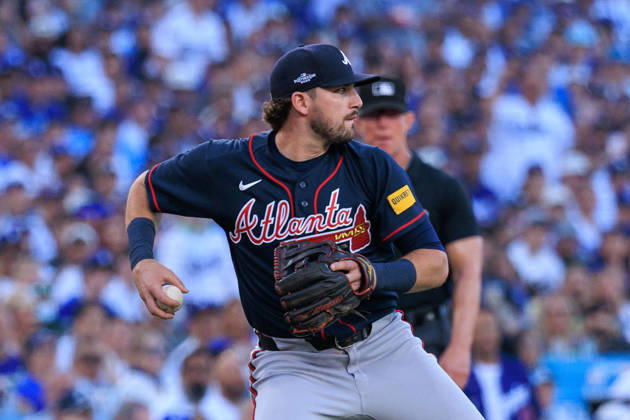 October 4, 2026, Los Angeles, California, USA: Austin Riley 27 of the Atlanta Braves looks to throw during NLDS Game 2 against the Los Angeles Dodgers on Sunday October 4, 2026 at Dodger Stadium in Los Angeles, California. Dodgers lose to Braves, 2-3. JAVIER ROJAS PI Dodgers Vs. Braves NLDS - Game 2  - ZUMAp124 20261004_zaa_p124_077 Copyright: xJavierxRojasx