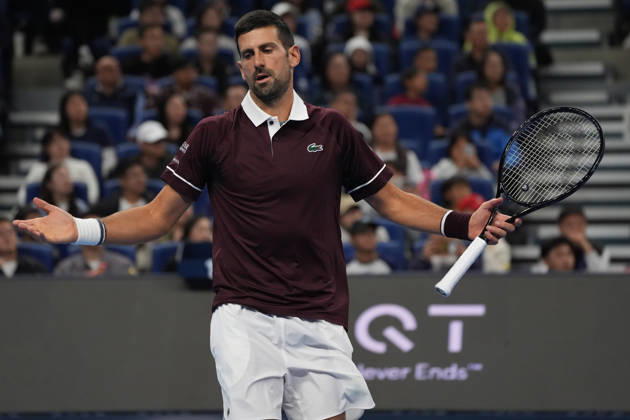 (261006) -- BEIJING, Oct. 6, 2026 -- Novak Djokovic reacts during the men s singles semifinal match between Daniil Medvedev of Russia and Novak Djokovic of Serbia at 2026 China Open tennis tournament in Beijing, China, Oct. 5, 2026. ) (SP)CHINA-BEIJING-TENNIS-CHINA OPEN-MEN S SINGLES(CN) XiexHan