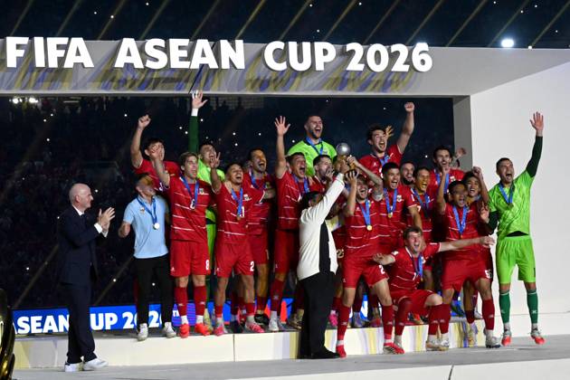 (261006) -- JAKARTA, Oct. 6, 2026 -- FIFA President Gianni Infantino (1st L) accompanies Indonesian President Prabowo Subianto (front, 2nd L) for presenting the trophy to Indonesian team players during the awarding ceremony after the FIFA ASEAN Cup 2026 Division 1 for Final Match between Indonesia and Thailand at Gelora Bung Karno Stadium, Jakarta, Indonesia, Oct. 5, 2026. ) (SP)INDONESIA-JAKARTA-FOOTBALL-FIFA ASEAN CUP 2026-DIVISION 1-FINAL-INDONESIA VS THAILAND AgungxKuncahyaxB.