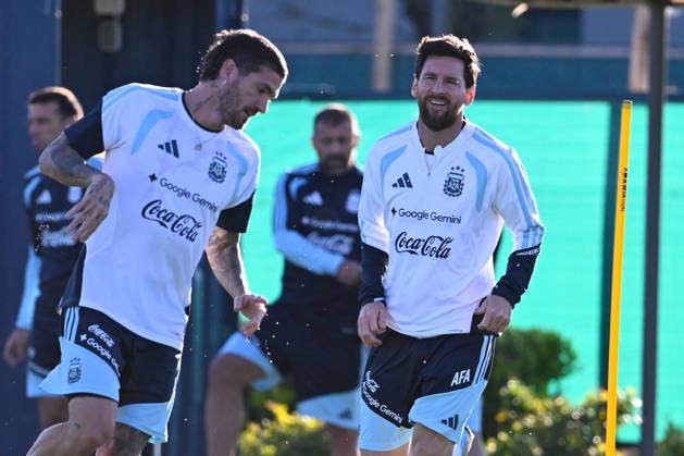 BUENOS AIRES, ARGENTINA - OCTOBER 5: Lionel Messi and Rodrigo De Paul of Argentina last training for national team, Nationalteam at the Lionel Andres Messi Training Camp on October 5, 2026 in Buenos Aires, Argentina. Argentina will face Benin tomorrow in an International Friendly, Länderspiel, Nationalmannschaft match at the Estadio Monumental, marking Messi s final farewell appearance for the national team. Photo by SFSI Lionel Messi of Argentina national team last training Copyright: xx
