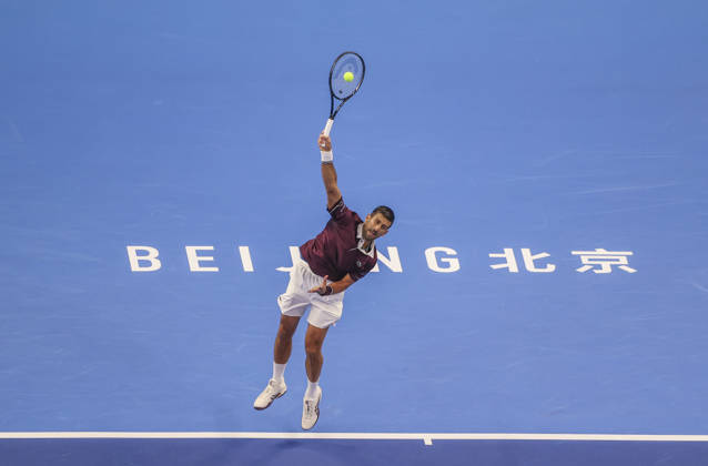 (261006) -- BEIJING, Oct. 6, 2026 -- Novak Djokovic of Serbia serves during the men s singles final match against Alex de Minaur of Australia at 2026 China Open tennis tournament in Beijing, China, Oct. 6, 2026. (Photo by Xinhua) (SP)CHINA-BEIJING-TENNIS-CHINA OPEN-MEN S SINGLES-FINAL(CN) MaxZihan