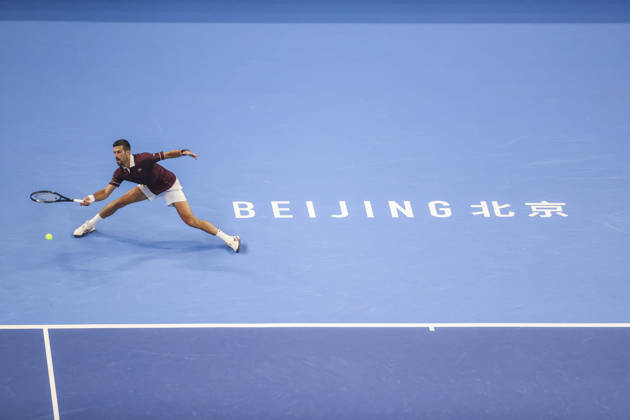 (261006) -- BEIJING, Oct. 6, 2026 -- Novak Djokovic of Serbia hits a return during the men s singles final match against Alex de Minaur of Australia at 2026 China Open tennis tournament in Beijing, China, Oct. 6, 2026. (Photo by Xinhua) (SP)CHINA-BEIJING-TENNIS-CHINA OPEN-MEN S SINGLES-FINAL(CN) MaxZihan