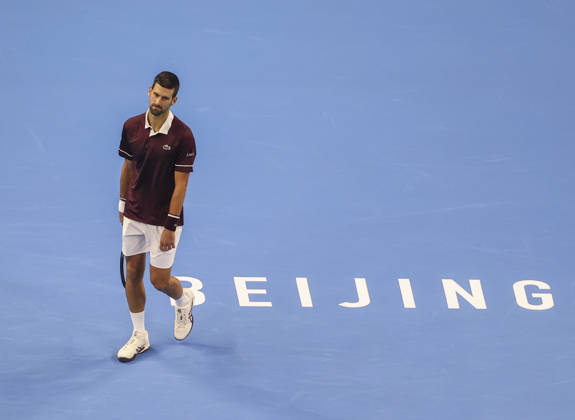 (261006) -- BEIJING, Oct. 6, 2026 -- Novak Djokovic of Serbia reacts during the men s singles final match against Alex de Minaur of Australia at 2026 China Open tennis tournament in Beijing, China, Oct. 6, 2026. (Photo by Xinhua) (SP)CHINA-BEIJING-TENNIS-CHINA OPEN-MEN S SINGLES-FINAL(CN) MaxZihan