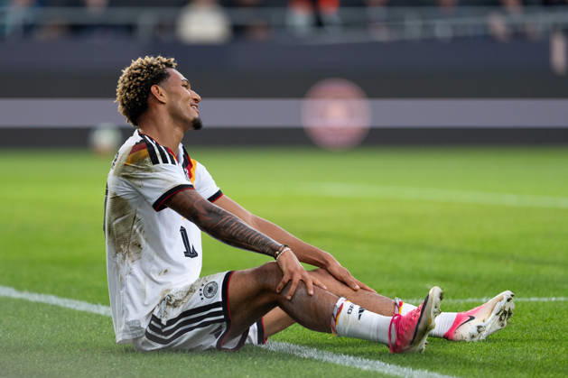 06.10.2026, GER, Deutschland U21, U 21 vs Georgien U21 Paris Brunner (Deutschland U21, 19) sitzt am Boden, beschwert sich, will einen Elfmeter Bielefeld SchücoArena Bielefeld Deutschland Copyright: xnordphotoxGmbHx xChristianxSchulzex