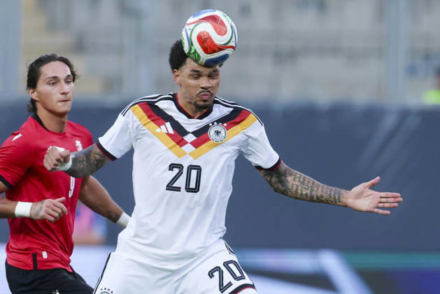 Nnamdi Collins (Germany) controls the ball during the UEFA Under21 EURO Qualifier, EM, Europameisterschaft between Germany U21, U 21 and Georgia U21 at Almstadion on October 6, 2026 in Bielefeld, Germany. (Photo by Marco Steinbrenner DeFodi Images) -