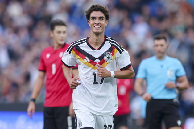 Noah Darvich (Germany) celebrates after scoring his teams first goal during the UEFA Under21 EURO Qualifier, EM, Europameisterschaft between Germany U21, U 21 and Georgia U21 at Almstadion on October 6, 2026 in Bielefeld, Germany. (Photo by Marco Steinbrenner DeFodi Images) -
