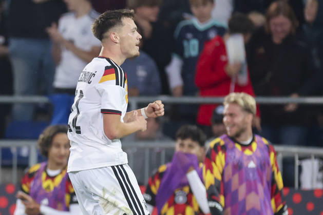 Dzenan Pejcinovic (Germany) celebrates after scoring his teams second goal during the UEFA Under21 EURO Qualifier, EM, Europameisterschaft between Germany U21, U 21 and Georgia U21 at Almstadion on October 6, 2026 in Bielefeld, Germany. (Photo by Marco Steinbrenner DeFodi Images) -