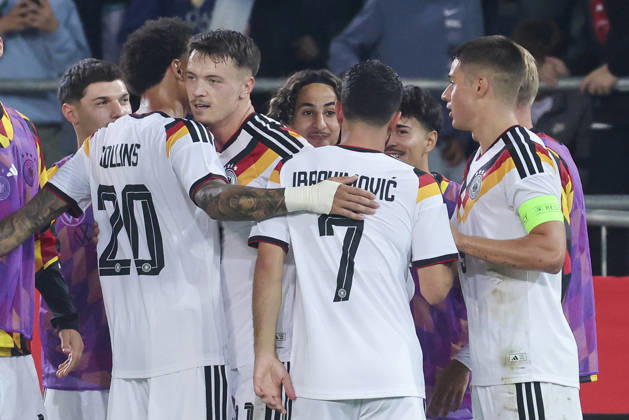 Dzenan Pejcinovic (Germany) celebrates his goal with teammates during the UEFA Under21 EURO Qualifier, EM, Europameisterschaft between Germany U21, U 21 and Georgia U21 at Almstadion on October 6, 2026 in Bielefeld, Germany. (Photo by Marco Steinbrenner DeFodi Images) -
