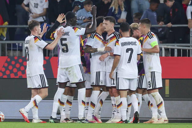 Dzenan Pejcinovic (Germany) celebrates his goal with teammates during the UEFA Under21 EURO Qualifier, EM, Europameisterschaft between Germany U21, U 21 and Georgia U21 at Almstadion on October 6, 2026 in Bielefeld, Germany. (Photo by Marco Steinbrenner DeFodi Images) -