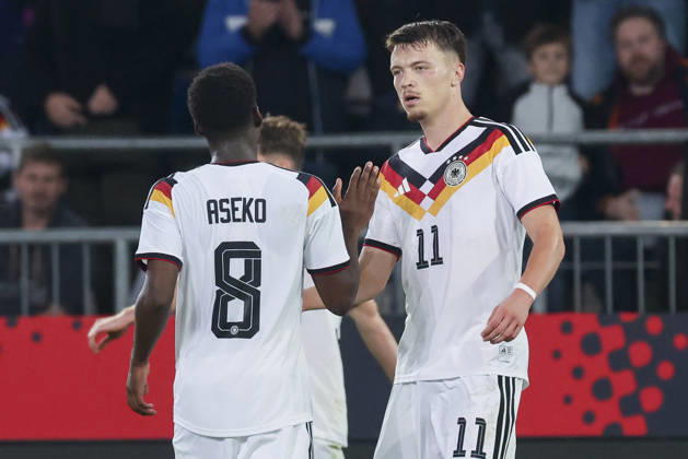 Dzenan Pejcinovic (Germany) celebrates after scoring his teams second goal with Noel Aseko (Germany) during the UEFA Under21 EURO Qualifier, EM, Europameisterschaft between Germany U21, U 21 and Georgia U21 at Almstadion on October 6, 2026 in Bielefeld, Germany. (Photo by Marco Steinbrenner DeFodi Images) -
