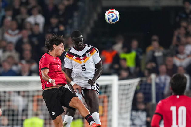 06.10.2026, xydrx, Herren, Fußball, Länderspiel, U21, U 21 EM-Qualifikation, Deutchland - Georgien, Saison 2026 2027, Schüco Arena: Diego Deisadze (GEO, 9) im Zweikampf gegen Joshua Quarshie (GER, 5) DFB regulations prohibit any use of photographs as image sequences and or quasi-video. Copyright: HMBxMedia YannisxDreimann