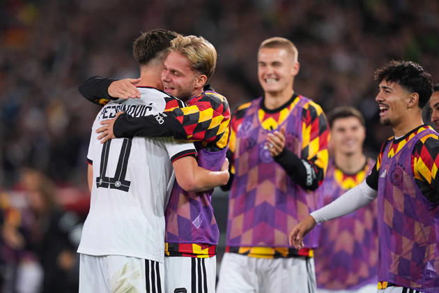 06.10.2026, xydrx, Herren, Fußball, Länderspiel, U21, U 21 EM-Qualifikation, Deutchland - Georgien, Saison 2026 2027, Schüco Arena: Torjubel nach dem Tor zum 2:0 für Deutschland durch Torschütze Dzenan Pejcinovic (GER, 11) zusammen mit Leandro Morgalla (GER, 6) DFB regulations prohibit any use of photographs as image sequences and or quasi-video. Copyright: HMBxMedia YannisxDreimann