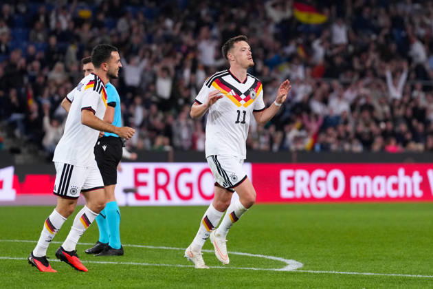 06.10.2026, xydrx, Herren, Fußball, Länderspiel, U21, U 21 EM-Qualifikation, Deutchland - Georgien, Saison 2026 2027, Schüco Arena: Torjubel nach dem Tor zum 2:0 für Deutschland durch Torschütze Dzenan Pejcinovic (GER, 11) zusammen mit Arijon Ibrahimovic (GER, 7) DFB regulations prohibit any use of photographs as image sequences and or quasi-video. Copyright: HMBxMedia YannisxDreimann