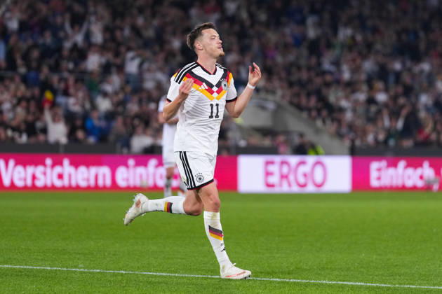06.10.2026, xydrx, Herren, Fußball, Länderspiel, U21, U 21 EM-Qualifikation, Deutchland - Georgien, Saison 2026 2027, Schüco Arena: Torjubel nach dem Tor zum 2:0 für Deutschland durch Torschütze Dzenan Pejcinovic (GER, 11) DFB regulations prohibit any use of photographs as image sequences and or quasi-video. Copyright: HMBxMedia YannisxDreimann