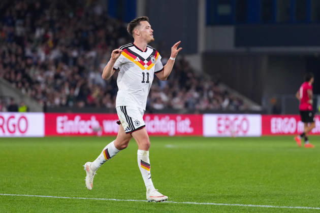 06.10.2026, xydrx, Herren, Fußball, Länderspiel, U21, U 21 EM-Qualifikation, Deutchland - Georgien, Saison 2026 2027, Schüco Arena: Torjubel nach dem Tor zum 2:0 für Deutschland durch Torschütze Dzenan Pejcinovic (GER, 11) DFB regulations prohibit any use of photographs as image sequences and or quasi-video. Copyright: HMBxMedia YannisxDreimann