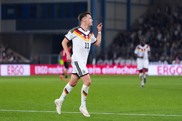 06.10.2026, xydrx, Herren, Fußball, Länderspiel, U21, U 21 EM-Qualifikation, Deutchland - Georgien, Saison 2026 2027, Schüco Arena: Torjubel nach dem Tor zum 2:0 für Deutschland durch Torschütze Dzenan Pejcinovic (GER, 11) DFB regulations prohibit any use of photographs as image sequences and or quasi-video. Copyright: HMBxMedia YannisxDreimann